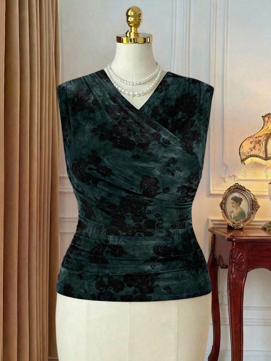 SHEIN Clasi 大码女式印花褶皱修身时尚吊带背心 - 黑色 - 查看 1
