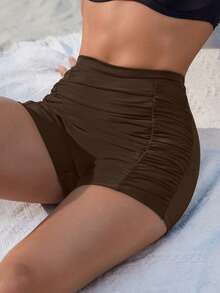 Swim Lushoire Quần bikini nữ màu đen cạp cao, xếp ly, ôm sát bụng, nâng mông, thích hợp cho kỳ nghỉ, bãi biển, mùa xuân/hè. - Cà phê nâu - Xem 5