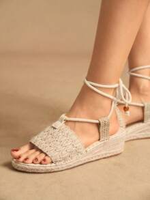 Rosivie Giày sandal vải lanh nữ mùa hè mới, kiểu dáng retro, giày rơm, thoáng khí, thấm hút mồ hôi, làm thủ công, giày vải lanh nữ. - Màu be - Xem 4
