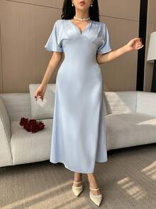 DAZY Women's Elegant Solid Color V-Neck Mid-Length Dress, Summer Wedding Guest Dress Sundress - Blue - View 4