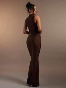 SHEIN Haute Women's Sexy Cut Out Gold Chain Detail Dark Brown Maxi Mermaid Hem Maxi Dress - Brown - View 5