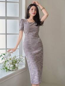 Wynsel 女士优雅纹理方领泡泡袖连衣裙，夏季婚礼宾客礼服 - 粉色 - 查看 5