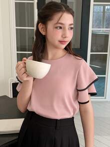 Dazy Kids Tween Girls' Round Neck Ruffle Trim Loose Casual Shirt - Dusty Pink - View 8