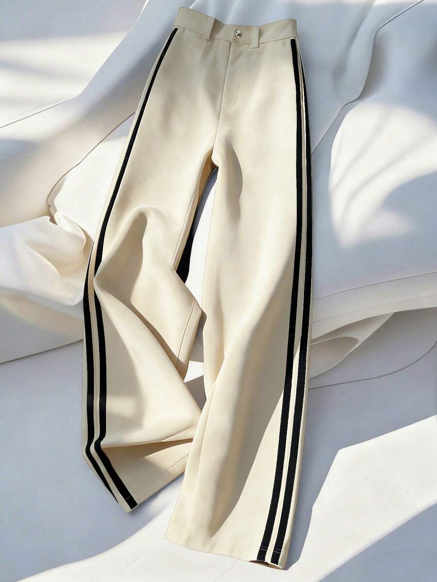 Franclia Women's Fashion Casual Elegant Suede-Like Brown Contrast Trim Wide Leg Pants, Autumn/Winter - Apricot - View 1