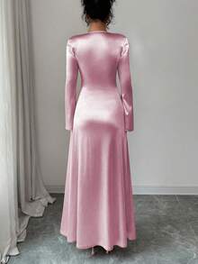 Rafferiza Đầm ôm dáng thanh lịch với thiết kế xếp ly phía trước, tay áo loe bằng vải satin, màu hồng nhạt, thích hợp cho tiệc tùng hoặc mặc hàng ngày, mùa thu/đông. - Màu hồng Bubblegum - Xem 2