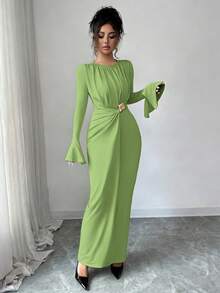 Elenzga Women's Spring Elegant Elegant Simple Solid Color Ruffle Sleeve Metal Decor Pleated Waist Dress - Limelight Green - View 6