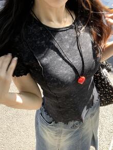 DAZY Women's Casual Distressed Washed Round Neck T-Shirt, Spring/Summer - Black - View 1