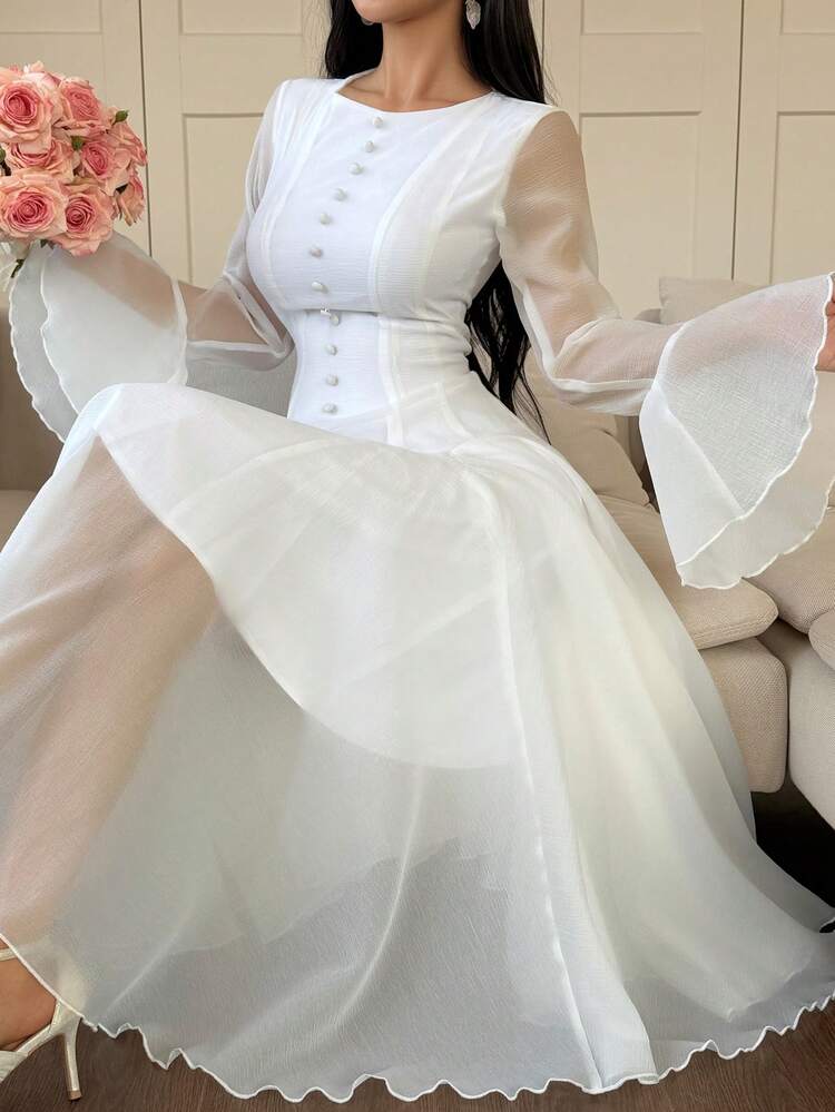 Women's Elegant Solid Color Round Neck Flare Sleeve Long Dress, Spring/Summer Wedding Guest Dress Maxi Dress Sundress