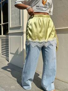 SHEIN EZwear 春夏新款缎面拼接蕾丝两件套，百搭休闲、派对、音乐节、返校、毕业、度假、街头风、婚礼宾客、都市漫步等场合皆宜，大码蕾丝迷你裙 - 彩色 - 查看 8