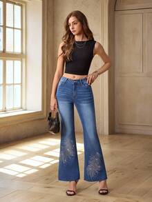 Selenza Women's Casual Fashion Daily Commute Rhinestone Embellished Flare Jeans - Medium Wash - View 5