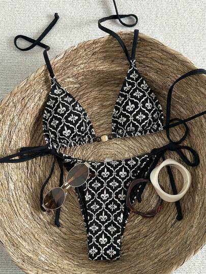 Swim Vcay 2pcs/Set Black & White Textured Fabric Beaded Halter Neck Front Sexy Bikini Swimsuit Set For Women