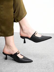 CUCCOO BIZCHIC New Women's Black Pointed Toe Metal Buckle Strap Slip-On Mules, Commuting Business Office Outfit Mid-Heel Slides - Black - View 1