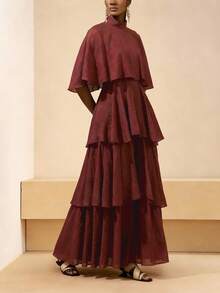 Zivah Blusa con cuello medio alto con volantes, de tela tejida transparente marrón, y falda larga con volantes de 3 capas, nueva llegada de primavera 2025 para mujeres - Café - Ver 4