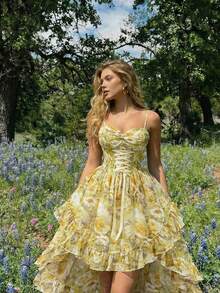 SHEIN MOD 女士复古印花系带荷叶边不对称下摆吊带连衣裙 - 黃色 - 查看 1