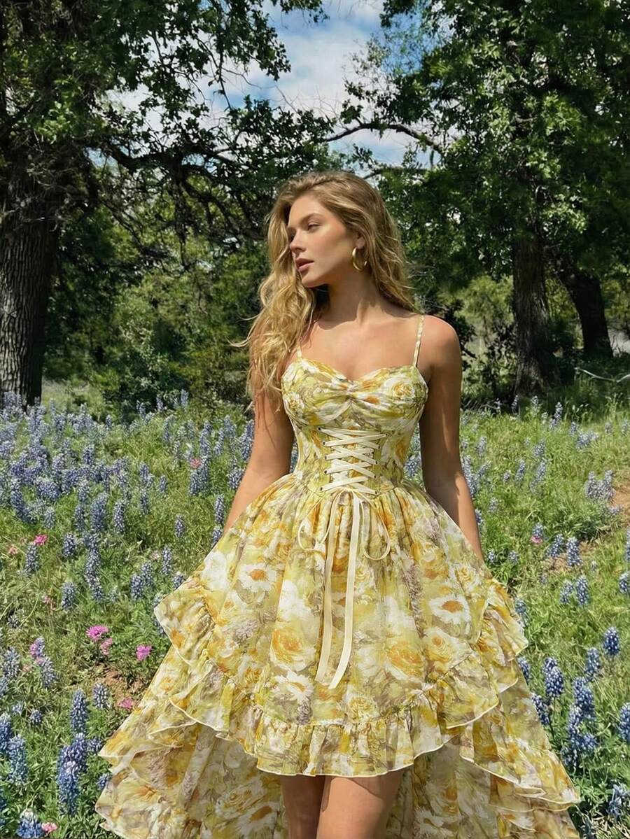 SHEIN MOD 女士复古印花系带荷叶边不对称下摆吊带连衣裙 - 黃色 - 查看 1