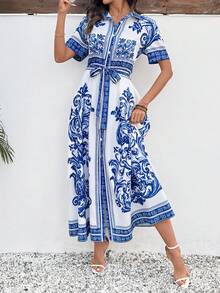 Breezaya Shirt Collar Button Print Belted Women Long Dress - Blue - View 1
