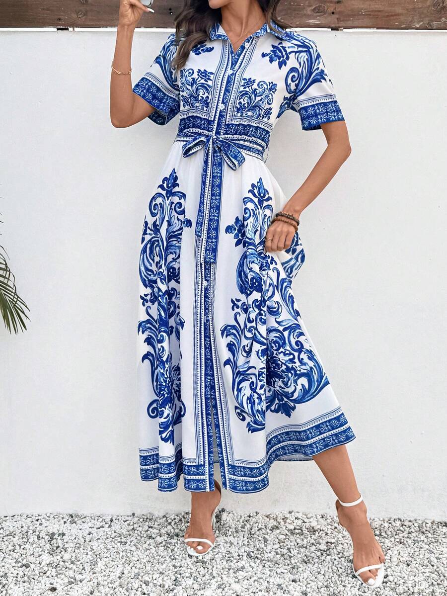 Breezaya Shirt Collar Button Print Belted Women Long Dress - Blue - View 1