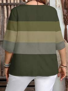 EMERY ROSE Women's Striped Print Cutout Neck Casual Vacation Shirt - Green - View 2