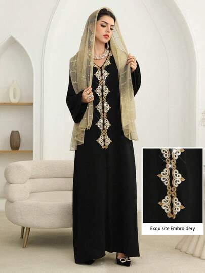 Al Najma V领优雅宽松长袖连衣裙，饰有奢华的3D金色珠饰，适合派对穿着