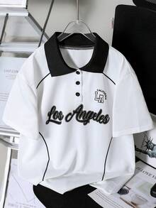 青少年男童Polo衫，字母印花短袖休闲通勤Polo衫，印有“洛杉矶”字样，适合日常休闲穿着、返校季和学院风。 - 彩色 - 查看 3