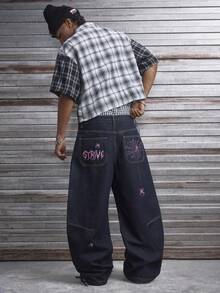 AXEPEAK Men's Casual Fashion Street Spider Letter Embroidery Loose Flared Jeans - Blue - View 5