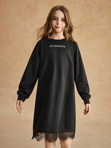 SHEIN Tween Girl Black Dress, Chiffon Back, Lace Hem Trim, Casual Loose Long Sleeve, Front Letter Print - Black - View 5