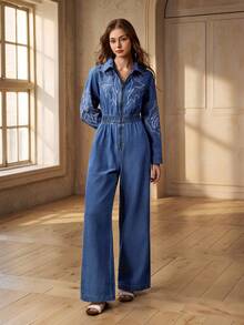 Selenza Women's Embroidered Zip-Up Casual Versatile Long Sleeve Denim Jumpsuit - Blue - View 4