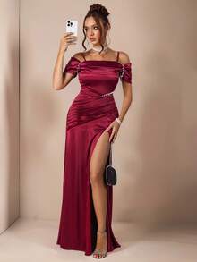 Rafferiza 女士修身性感红色连衣裙，修身廓形，适合新年假期 - 酒紅色 - 查看 1