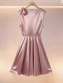 GlowEve Women's Round Neck Pink Pleated Bow Design Short Elegant Fashionable Knit Sleeveless A-Line Waist Cinched Slim Dress - Pink - View 2
