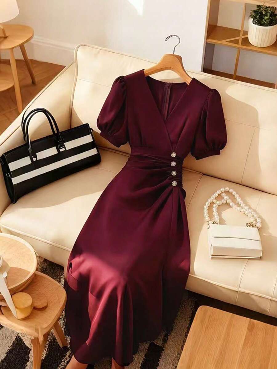 Franclia Đầm nữ kiểu Pháp thanh lịch, màu đỏ tía trơn, lãng mạn cho buổi hẹn hò, cổ chữ V chéo, tay phồng, eo nhún, xẻ tà. - Màu Đỏ Sâu - Xem 1