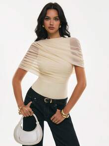 Poéselle 女士优雅纯色网眼拼接修身T恤，夏季 - 淡黃色 - 查看 7