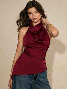 Poéselle Women's Solid Color Turtleneck Halter Top - Rose Red - View 7