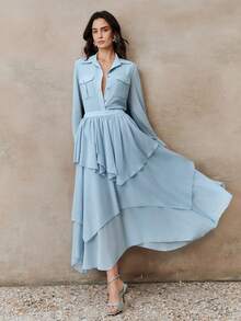 Anewsta 新款优雅时尚休闲衬衫和不对称设计半身裙两件套女装 - 淺藍色 - 查看 6