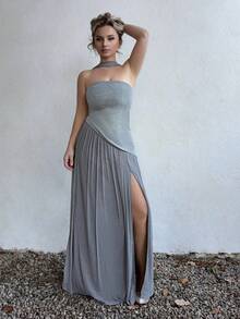 Jeta Ari Solid Color Women's Elegant Strapless High Slit Fitted Maxi Party Dress, Elegant Strapless Flowy Maxi Dress, Party Mini Sequin Dress, Birthday Dress, Nightclub Party,  Date Night, Going Out Dress,Valentine's Day,Valentine Outfits For Women - Silver - View 1