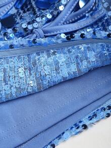 Sweetra Petite Chân váy mini ôm sát dáng chữ A, cạp cao, lấp lánh, thắt nơ, thích hợp cho mọi mùa. - Màu xanh lam - Xem 6