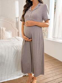 Moonlight&Mama 女士休闲撞色滚边翻领纽扣孕妇连衣裙，适合居家穿着或外穿 - 卡其色 - 查看 3