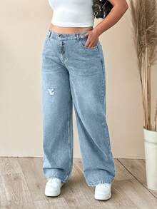 EURMUSE 100% Cotton Plus Size Women's Mid-Blue Elastic Waist Straight Leg Jeans - Medium Wash - View 1