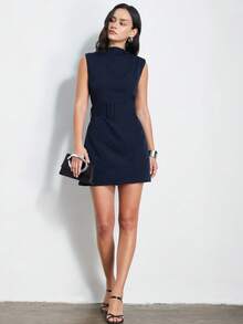 Aveloria Modichic New Elegant Commuter Style Mini Dress With Belt Decor - Navy Blue - View 7
