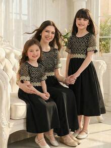 Elegant Young Girls Black A Line Long Dress With Half Puff Sleeves Round Neck Geometric Pattern Flared Hem And Zipper Detail - Black - View 5