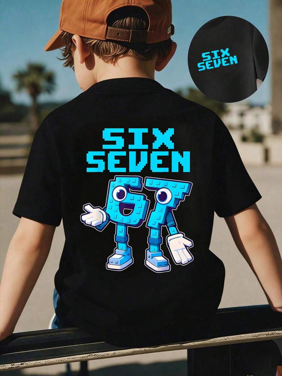 Young Boys' Casual Creative Personalized Refreshing Cute Simple Numeric 67 Cartoon Block Graphic Letter Slogan Print Comfortable Basic Short Sleeve T-Shirt, Suitable For Spring, Summer And Autumn - Black - View 1