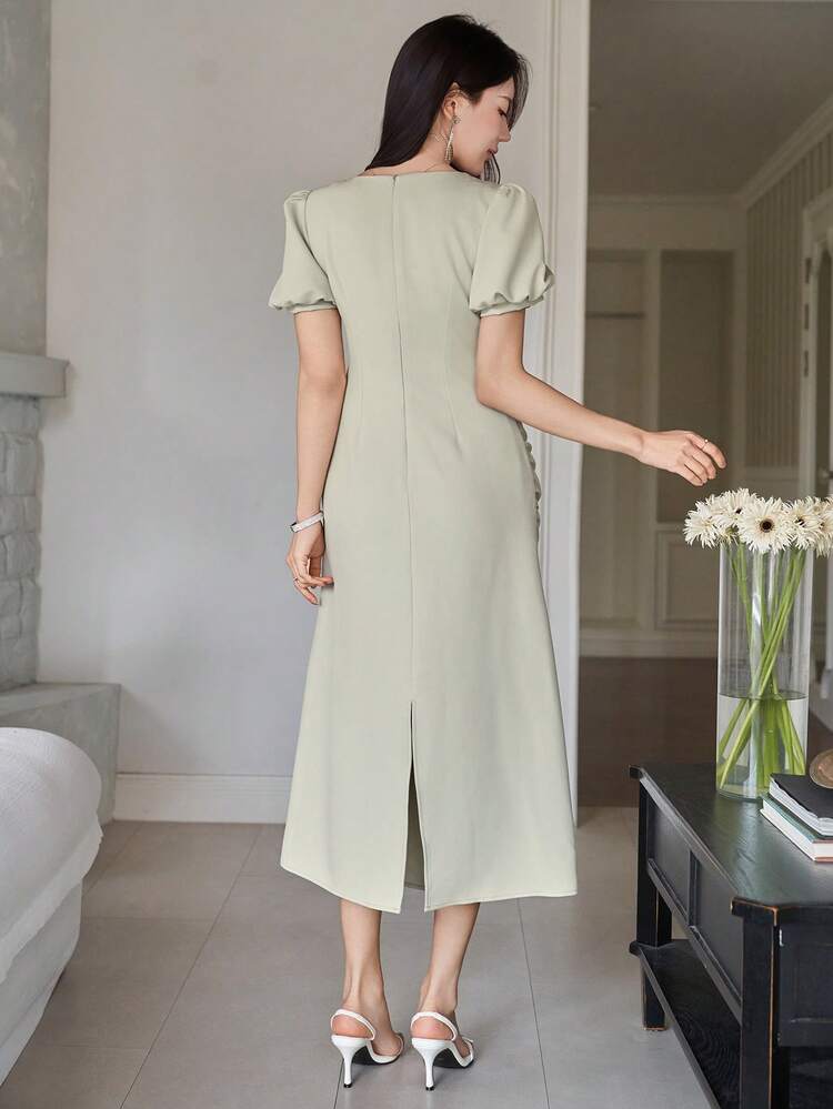 Women's Elegant Solid Color Square Neck Puff Sleeve Ruched Midi Dress, Summer Wedding Guest Dress Sundress