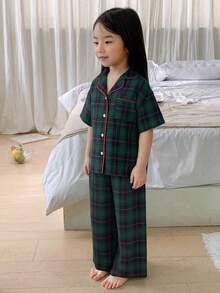 DAZY 女童格子印花撞色包边翻领短袖衬衫和裤子睡衣套装，春夏秋季 - 墨綠色 - 查看 7
