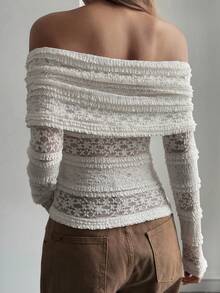 Livesso Women's Hollow Out Lace Top, Off-Shoulder Casual Vacation Street Style Crochet Beach, White Long Sleeve Top, Spring/Summer - White - View 4