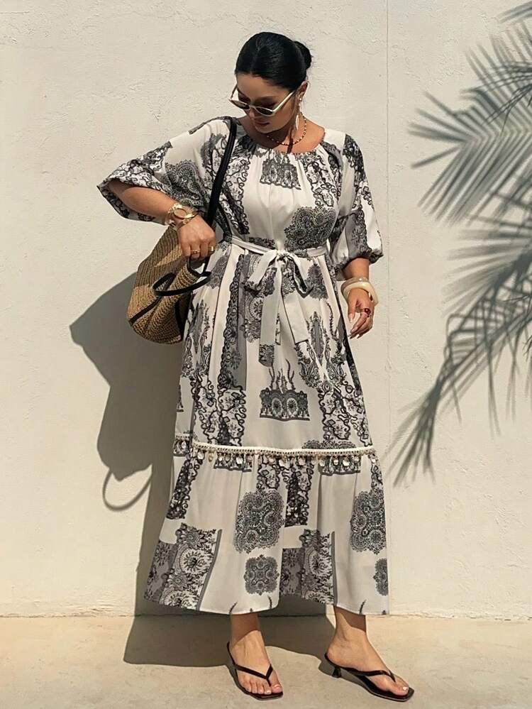Dazy Plus Floral Print Loose Vacation Style Drawstring Round Neck Maxi Dress, Plus Size For Women, Spring/Summer Boho