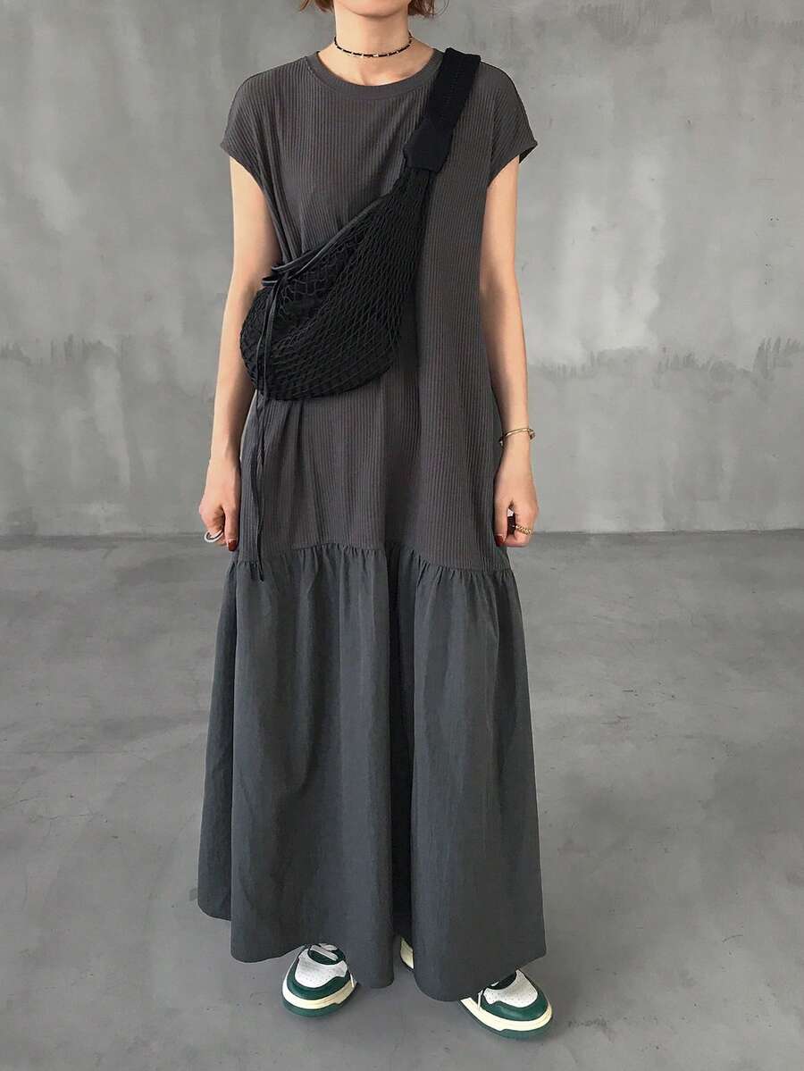 FRIFUL 女士圆领混纺宽松长款连衣裙 - 黑色 - 查看 1