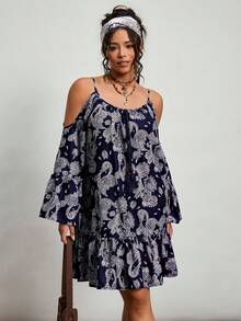 SHEIN LUNE 大码女式度假腰果花卉镂空喇叭袖系带宽松时尚连衣裙 - 彩色 - 查看 7