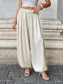 SHEIN Tall 2025 女士休闲杏色缎面亮面抽绳腰宽松长裤，适合通勤、聚会、外出、商务休闲和日常穿着 - 杏色 - 查看 4