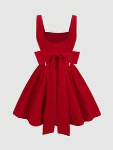 SHEIN Tween Girl Elegant Square Neck Sleeveless Pearl Decor Dress Tween Girl - Red - View 4