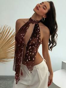 Aloruh Women's Halter Tie Backless Twist Design Asymmetrical Hem Sexy Crop Top, Suitable For Dates And Parties - Khaki - View 4