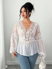 Elenzga 大码女式撞色蕾丝V领长袖优雅衬衫 - 白色 - 查看 5